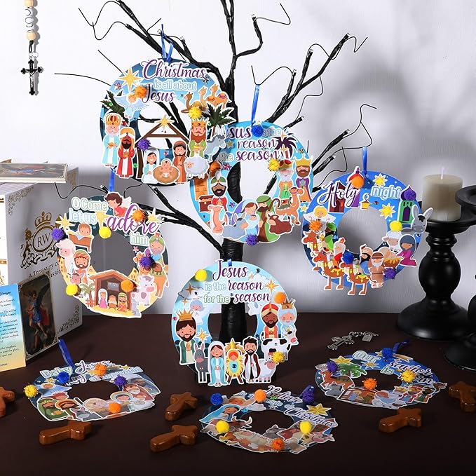 Hollowfly 48 Sets Nativity Crafts Kits Religious Jesus DIY Wreath Signs Hanging Ornaments Make Your Own Nativity Scene Sticker Craft for Holy Night Christian Easter Party Favors Activities