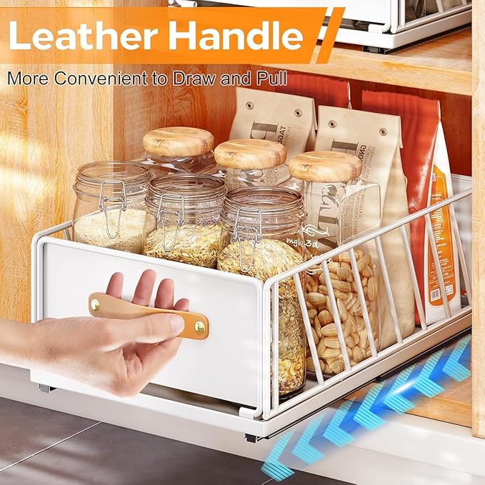 2Pack Pull out Cabinet Organizer,Heavy Duty Slide out Pantry Shelves Drawer Storage with Adhesive Nano Film,Sliding Mesh Basket with Handle for Kitchen, Bathroom, Home, 11.8W" X 15.7"D X 6.2"H,White