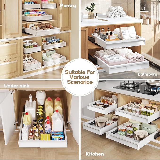 2 Pack Pull Out Cabinet Organizer With Raising Pad for Framed Cabinets,Expandable Width (11"-16") and Depth (13"-17"),3 Slide Rails Slide Out Drawers with Handle,No-Drill Roll Out Shelf,White