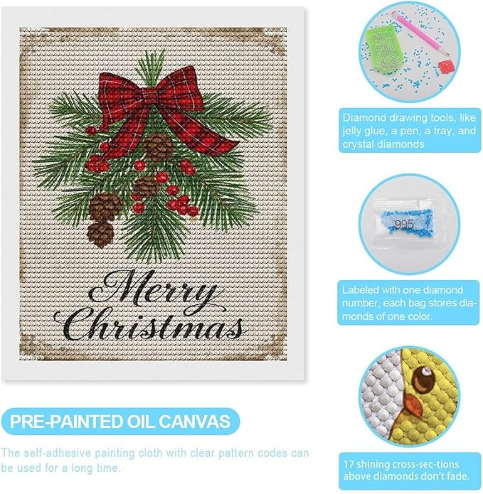 AIVKIEJK Diamond Painting Kits for Adults - Merry Christmas Holly, Pine Cones & Red Plaid Bow Painting DIY 5D Full Drill Diamond Dots Paintings with Diamonds Gem Art and Crafts Home Decor 16"x20"