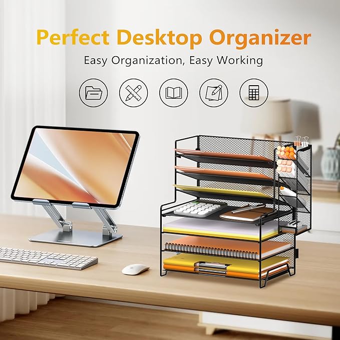 SUPEASY 7 Tier Desk Organizer, Desk File Organizer with Pen Holder, Paper Organizer for Desk, Desk Organizers and Accessories for Home Office School, Black