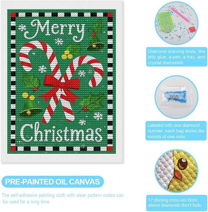AIVKIEJK Diamond Painting Kits for Adults - Festive Merry Christmas Red Bow, Candy Cane & Bell Painting DIY 5D Full Drill Diamond Dots Paintings with Diamonds Gem Art and Crafts Home Decor 12"x16"