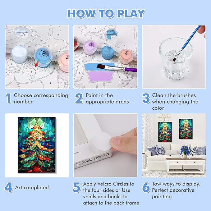 Bowetile Christmas Paint by Numbers for Adults Beginners Framed, Adults' Paint-by-Number Christmas Tree Kits on Canvas, Acrylic Number Painting Christmas Gifts for Home Wall Decor, 8x12in