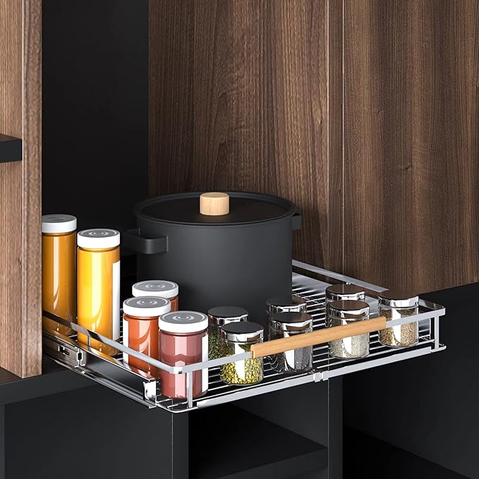 Pull Out Shelves for Kitchen Cabinet, 17.1~28" W x 22.5" D Expandable Slide Out Drawers for Kitchen Organizers and Storage, Pull Out Cabinet Organizer, Stainless Steel, 2Pack