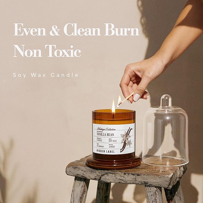 Hidden Label Vanilla Bean Scented Candle - 10oz Non Toxic Candles for Home Scented with Clear Bell Jar, Natural Soy Wax Clean Burning Aromatherapy Candle for Spa/Yoga/Meditation & Stress Relief Gifts