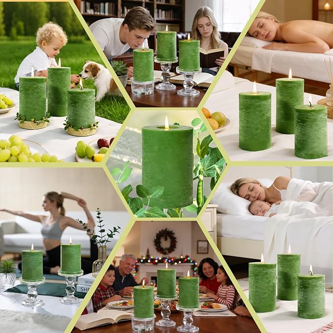 6 Pack Moss Green Soy Pillar Candles,Natural Soybean Pillar Candles,330 H Long Lasting Burning-Unscented,Dripless and Smokeless Rustic Hand-Poured Candles Dinner Table,for Wedding,2.8x4in