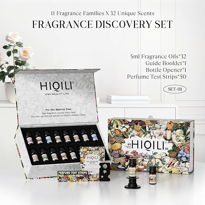 HIQILI Discovery Fragrance Oil Set– 32 Premium Scents for Essential Oils Diffuser, Candle & Soap Making, DIY Perfume, Home Fragrance, Long-Lasting Aromatherapy Gift Set, Tobacco Vanilla (5ML)