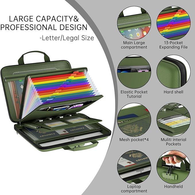 Fireproof File Organizer,Fireproof Document Box with Lock,Large 13 Pocket Expanding File Folder,Hard-Shell Portable Safe Storage for Letter/Legal Document,Laptop,Valuables-Green