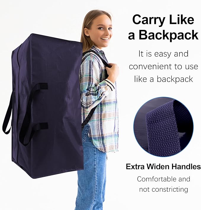 VELVETSURE 12 Pack Heavy Duty Extra Large Moving Bags W/Backpack Straps - Strong Handles & Zippers, Storage Totes For Space Saving, Fold Flat, Alternative to Moving Box and Storage Bin, Blue