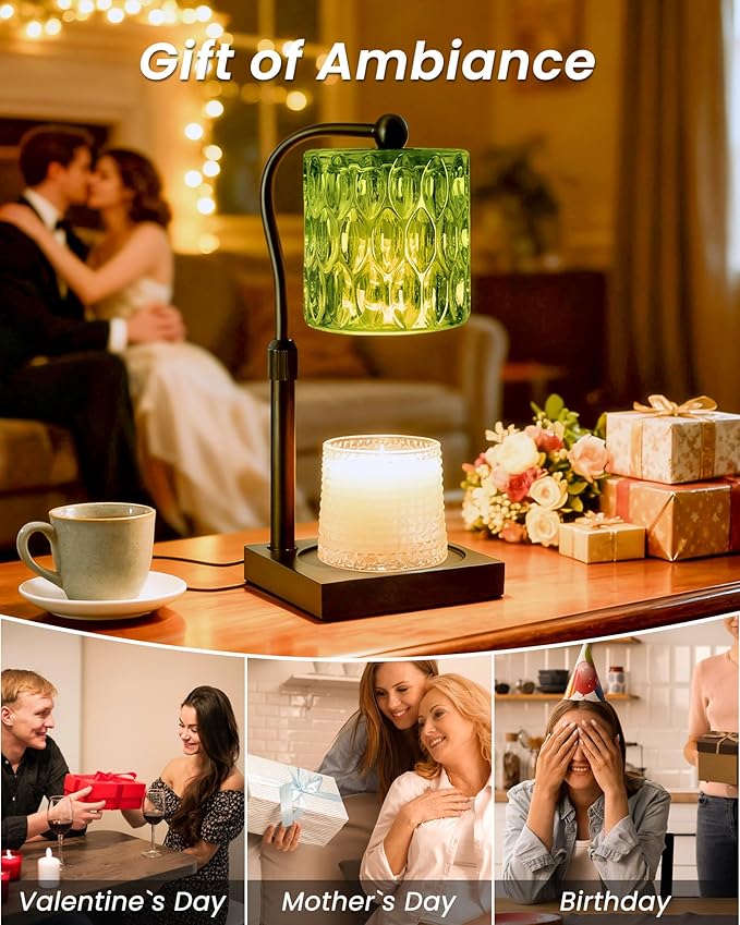 Candle Warmer Lamp Adjustable Height with Timer Dimmer, Dimmable Glass Wax Melt Warmer Light for Scented Jar, Present for Women Candle Lovers Christmas House Warming Home Decor Brithday, Green