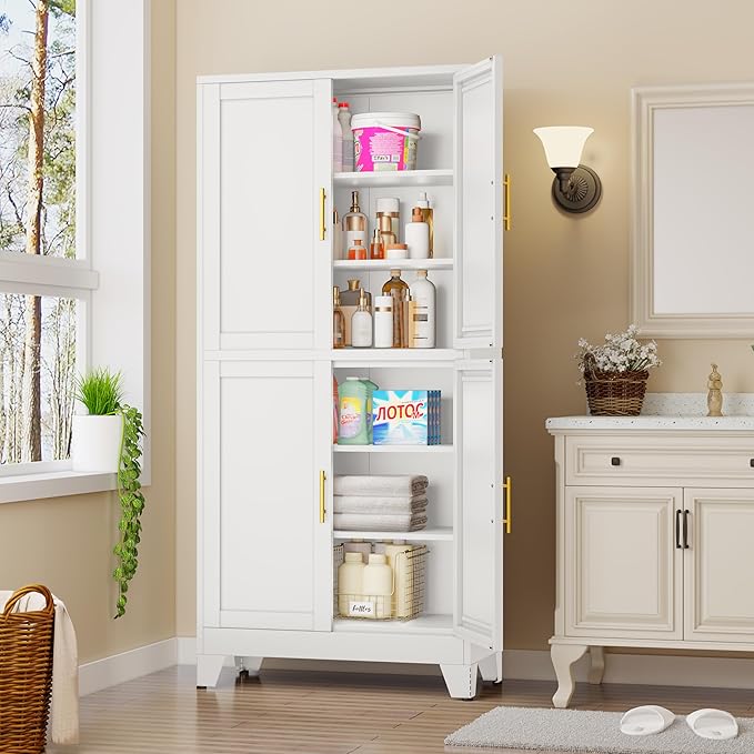 75" H Tall Kitchen Pantry Cabinet, Pantry Storage with Doors and 3 Adjustable Shelves, Metal Storage, Cupboard for Kitchen, White