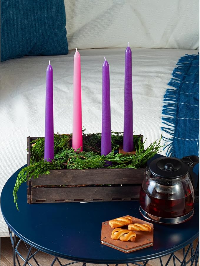 CANDWAX 12 Inch Advent Taper Candles Set of 12 - Long Burning Dripless Unscented Tapers - Perfect for Advent Wreaths, Christmas Décor - 9 Purple Tapers, 3 Pink Tapered Candles