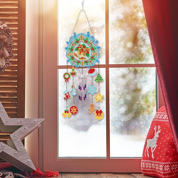 Christmas Bells Diamond Art Wind Chimes Hanging Pendant DIY Kits 5D Diamond Art Painting Christmas Wind Chime Hanging Ornament Double Sided Special Rhinestones Paint by Number Porch Tree Window Decor