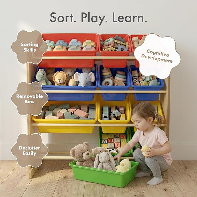 Humble Crew, Natural/Primary Kids' Toy Storage Organizer with 12 Plastic Bins, 34*35*15.5inch