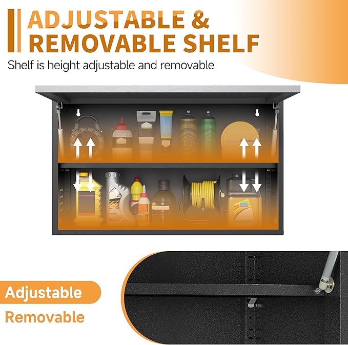 Metal Garage Wall Cabinet with Up-Flip Door, Float Tool Cabenit with Adjustable Shelf,Steel Wall-Mounted Storage Cabinet with Pegboard for Kitchen,Garage,Workshop,Warehouse(19.7"H,Black&Gray)