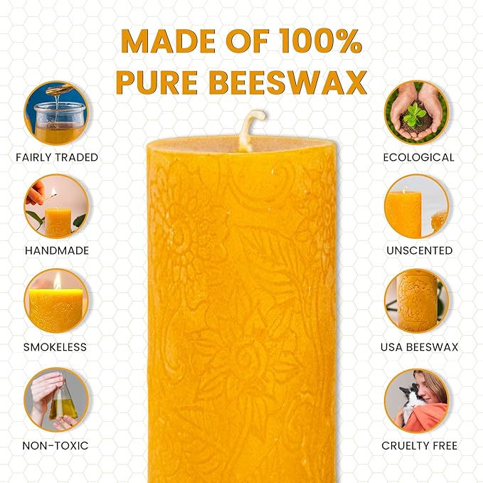 BeeTheLight Beeswax Pillar Candle - 100% Pure Bees Wax - Choose Your Size and Color - Up to 72 Hour Burn Time - Approx. 2x3, 3x4, 3x6 - Unscented - Natural Light Honey Scent (Natural Yellow, Large)