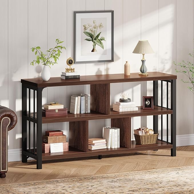 IBF Horizontal Bookshelf, Industrial 5 Cube Storage Organizer Open Shelf, Modern Wide Book Shelf for Bedroom Living Room, Rustic Wood and Metal Low Short Bookcase for Home Office, Walnut Oak, 47 Inch