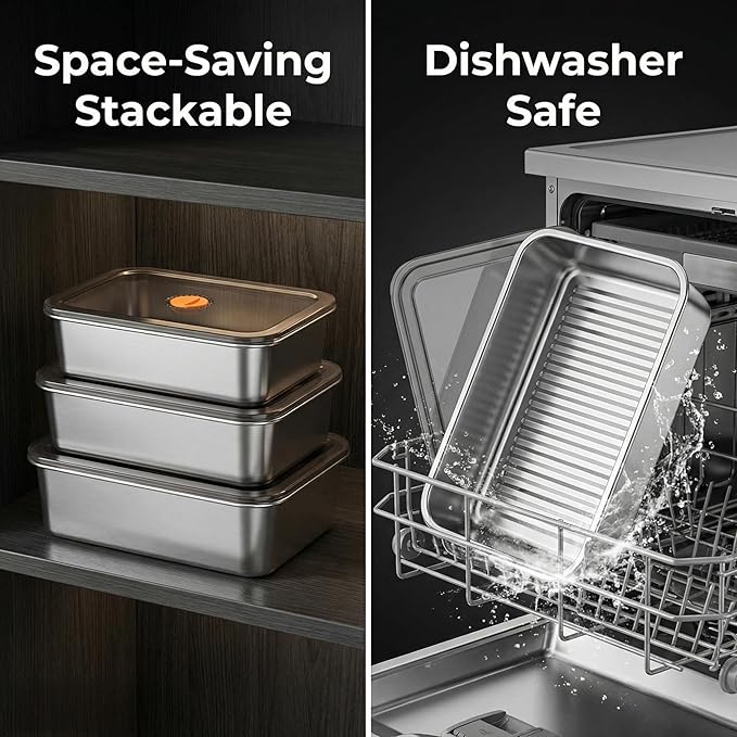 Stainless Steel Food Storage Containers, Silver, Airtight with Vacuum Seal, Stackable Rectangular, 3-Piece Set, BPA-Free Lids, for Meal Prep and Leftovers Storage (deep - 3.3'' Height)