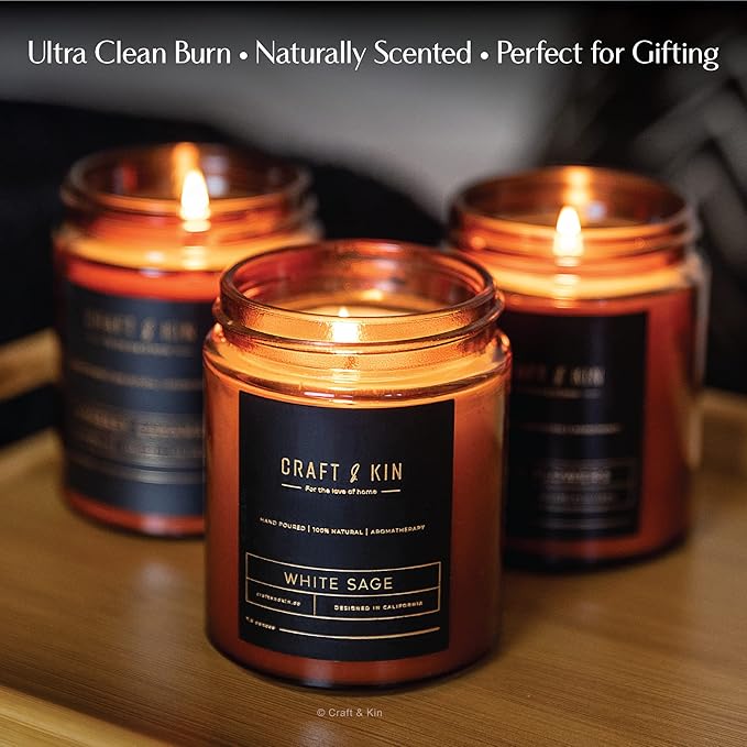 Craft & Kin Scented Candles for Men | Premium White Sage Winter Scented Candles | All-Natural Scent for Home | Long Lasting Holiday Candles with 45 Hour Burn Time, 8oz