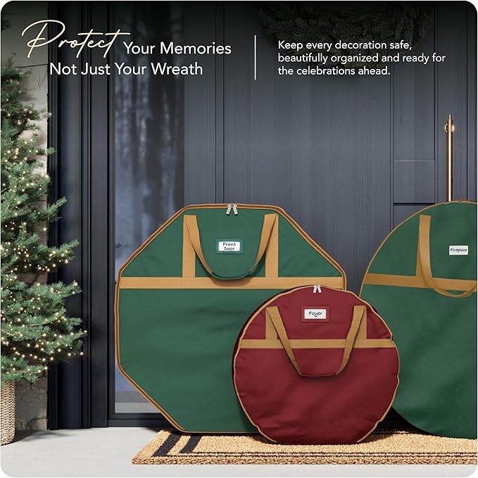 Covermates Keepsakes Deluxe Wreath Storage Bag – Heavy-Duty Polyester with Buckle Strap & Structured Interior – Protective Holiday Organizer with Handles, D-Ring & Label Window, Green