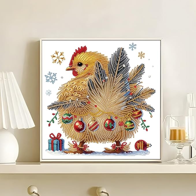 antor Christmas Diamond Painting Kit, 5D Special Shape Diamond Art for Adults, Decorated Rooster in Snow Crystal Rhinestones Diamond Painting Canvas, Holiday Christmas Home Wall Decor Crafts Gift