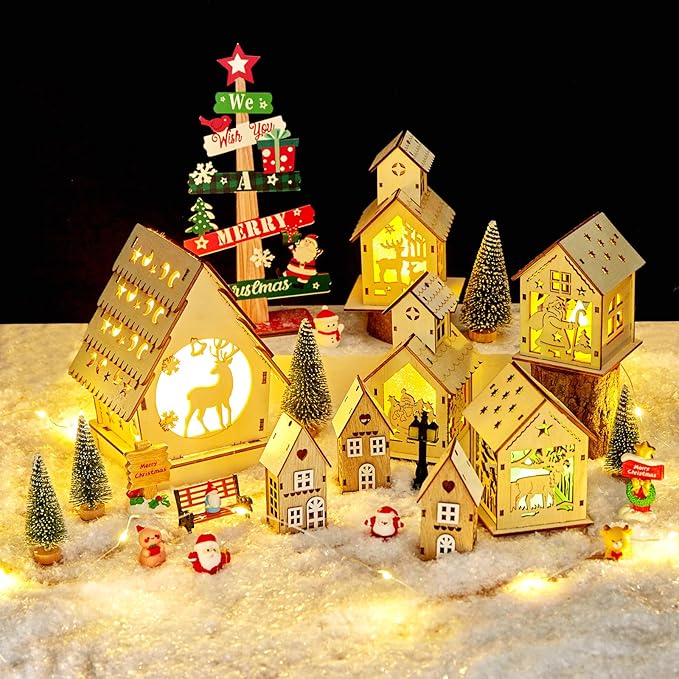 29pcs Christmas Village Sets Lighted DIY Wooden Christmas Village Houses for Crafts Accessories Wood House to Paint with Xmas Miniatures Trees Winter Snow Xmas Display Ornaments Craft Gift