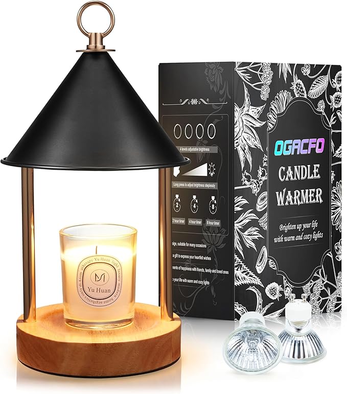 OGACFO Candle Warmer Lamp with Timer and Dimmable, Birthday Gifts Women Mom, Flameless Wax Warmer with Anti-Scald Bi Metal Shade for Jar Candles, Includes 2 Bulbs, Home Decor (Black)