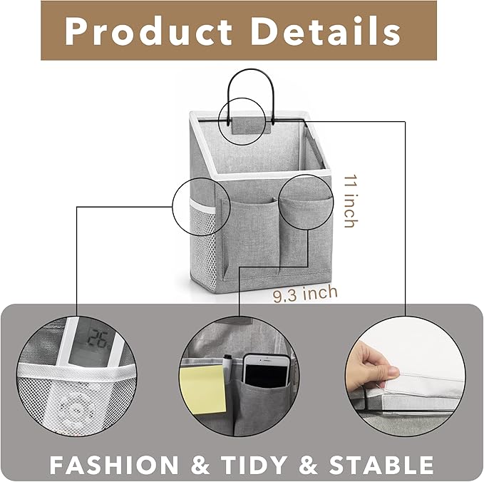 Kanrichu 3pcs Wall Hanging Organizer Bag, Linen Fabric Door Hanging Storage Basket with Pockets, Waterproof Bin for Kitchen, Bedroom, Office, RV Camper (Gray)