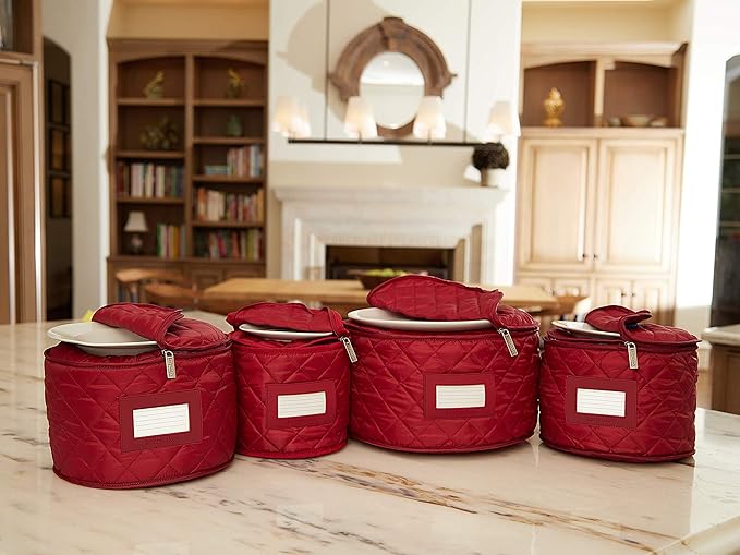 Covermates Keepsakes Dish Storage Set – Padded China & Dinnerware Storage Cases with Dividers, Cup & Stemware Storage, Quilted Polyester Protection, ID Window, Red