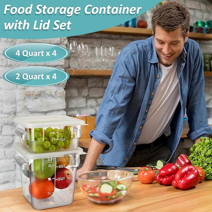 Yungyan 16 Pcs Restaurant Food Storage Containers with Lids Set 2Qt and 4Qt Commercial Restaurant Square Storage Containers Clear Food Cereal Container for Kitchen Freezer (White Lids)