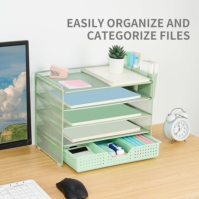 LEKETREE Desk Organizers and Accessories, 5-Tier Paper Letter Tray Organizer with Drawer & 2 Pen Holders, Desktop Organizer for Office Supplies (Green)