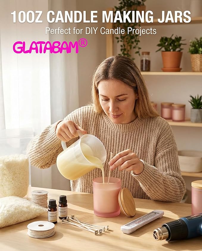 GLATABAM 10 OZ Candle Jars 12 Pack - Bulk Glass Candle Making Jars with Bamboo Lids & Labels, Heat Resistant Empty Reusable Candle Vessel for Containers(Frosted Powder)
