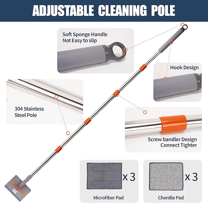 NexaGlow Baseboard Cleaner Tool with Handle | 3-in-1 Adjustable Cleaning Mop with Microfiber Pads & Gloves | 180° Wall Mop Cleaner with 66" Long Handle for Walls, Windows, Floors & Baseboards