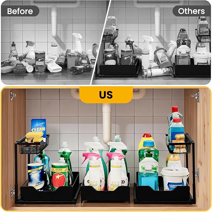 3 Pack, Under Sink Organizer 2-Tier with Slide Out Lower Drawer - Metal Pull Out Cabinet Organizer for Kitchen Bathroom, Includes Removable Center Basket & Storage Shelves, Space Saving Design