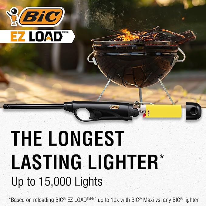 BIC EZ Load Lighters, Long Lasting Reloadable Design, Assorted Colors, Pack with 2 EZ Load Long Lighter Shell and 2 Maxi Pocket Lighters (Colors May Vary)