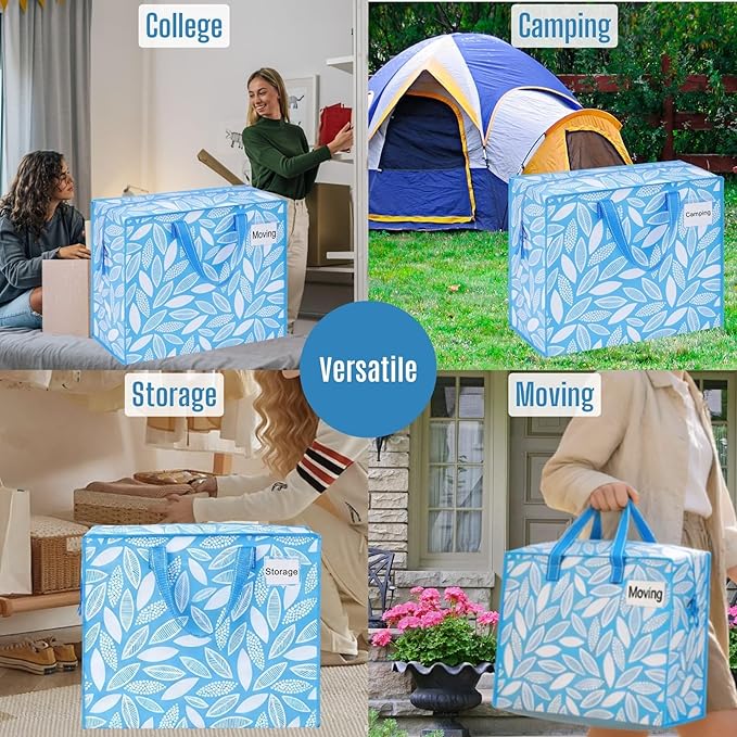 VENO 4 Pack Heavy Duty Moving Bags, Storage Bags, Packing Supplies, Top Zipper, Storage Totes for Camping, Clothes, Bedding, Comforters, Pillows (13 Gallon,Spring Breeze, 4 Pack)