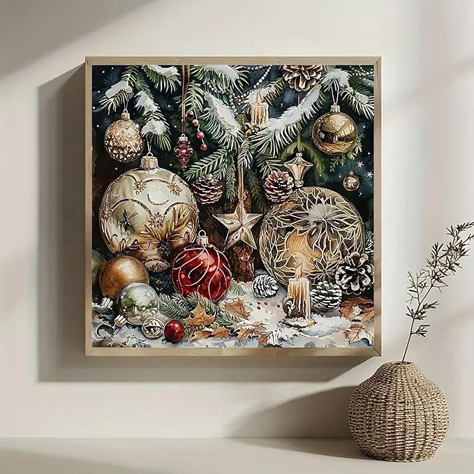 Christmas Ball Candle Diamond Art Painting Kits for Adults, Winter Diamond Painting Kits for Adults Beginners, 5D DIY Full Drill Diamond Dot Gem Art Kits for Adult, Home Wall Decor 13.8x13.8 Inch