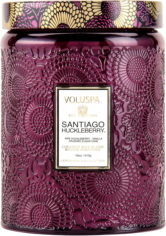 Voluspa Santiago Huckleberry, Large Candle Jar, 18 oz, 100 Hour Burn Time, All Natural Wicks and Coconut Wax for Clean Burning, Vegan, Poured in The USA