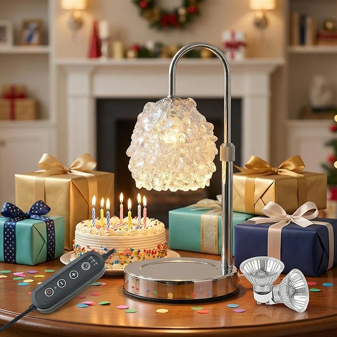 Candle Warmer Lamp with Timer & Dimmer, Adjustable Height Candle Lamp, Hand-Embedded Glass Crystal Lampshade, Valentine’s Day Gifts for Women/Mom, Wax Warmer for Home Decor (Silver)
