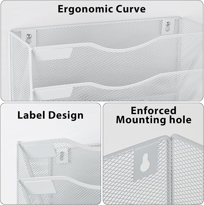 LEKETREE Hanging Wall File Organizer with Office Assorted, 5 Pockets Mesh Wall Mounted File Folder Holder for Mail, Paper, Document, Binder, Magazine, Menu (White)
