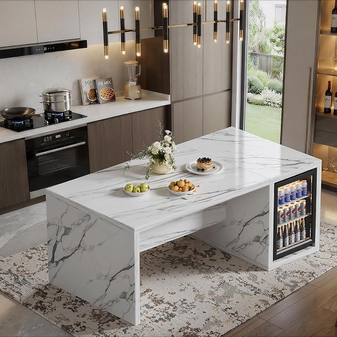 78.7" Large Imitation Marble Kitchen Island with Storage Space,Modern Dining Table with Mini Fridge Space for Kitchen, Dining Room, Home Bar, White