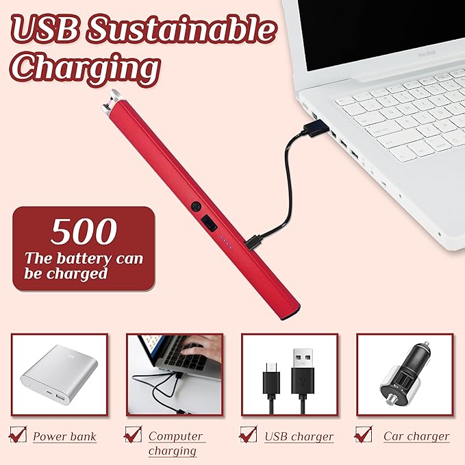 2 PCS Candle Lighter,Windproof Flameless Electric Lighter with LED Power Display ＆ Safety Switch, Upgraded Plasma USB Rechargeable Lighters for Birthday Camping BBQ （Red）