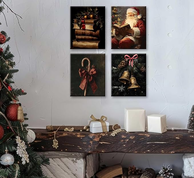 Paint by Number Kit for Adults & Kids, 4 Pack Vintage Christmas Scenes (Candy Cane, Santa Reading, Book Stack, Golden Bells) 12x16Inch Unframed, DIY Acrylic Painting Kit with Brushes & Paints