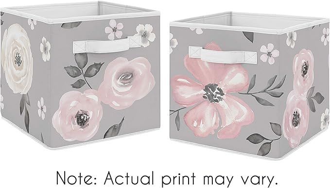Sweet Jojo Designs Grey Watercolor Floral Foldable Fabric Storage Cube Bins Boxes Organizer Toys Kids Baby Childrens - Set of 2 - Blush Pink Gray and White Shabby Chic Rose Flower Farmhouse