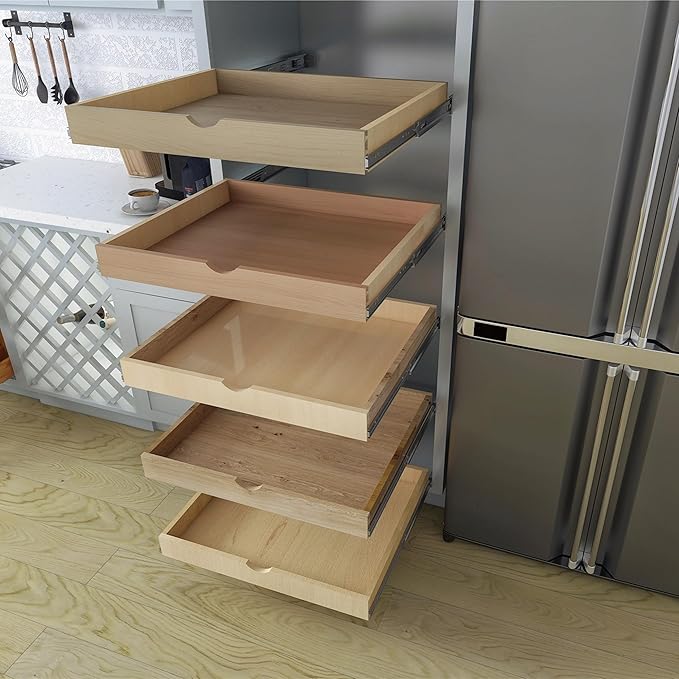 Solid Wood Pull Out Drawer 27" W × 21" D for Kitchen Cabinets, Roll Out Tray with Full Extension Slides, Natural Wood, DIY Assembly