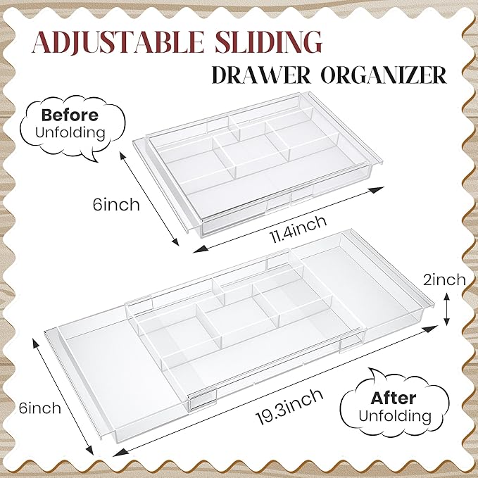 4pack Shallow Expandable Drawer Organizer, Adjustable 12.5”–20” Clear Plastic Drawer Organizer Tray for Vanity Bathroom Desk Kitchen Drawers, Multi Compartment Storage