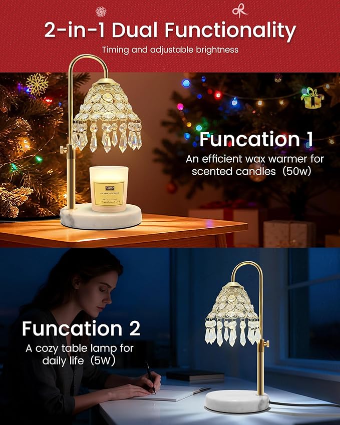 Crystal Candle Warmer Lamp with Timer and Dimmer - 2-in-1 Electric Wax Melt Burner & Dimmable Table Lamp, Adjustable Height Stand, White Marble Base, Birthday Gifts for Women, Elegant Home Decor