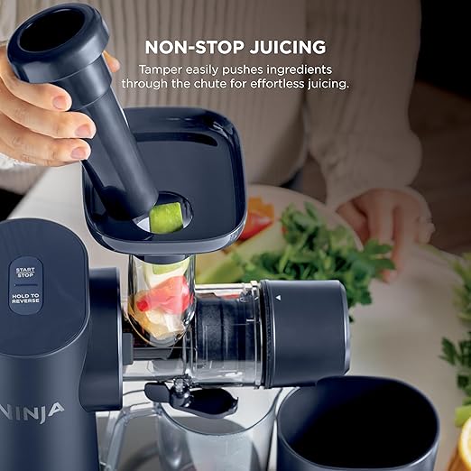 Ninja NeverClog Cold Press Juicer | Powerful Electric Slow Masticating Juicer with Pulp Control | XL Capacity | 24 oz. Juice Jug & 36 oz. Pulp Container | Dishwasher Safe | Navy | 150W | JC151NV