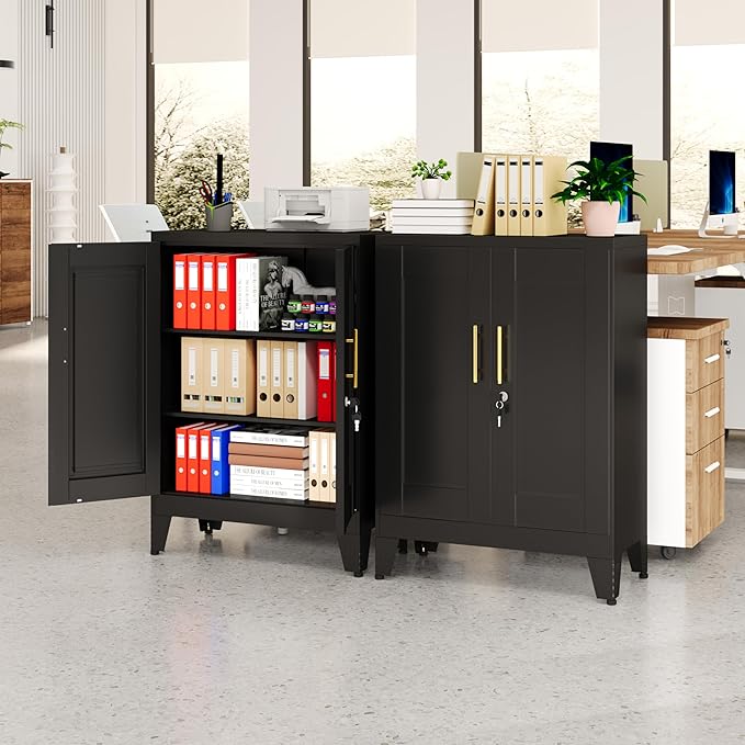 Black Metal Storage Cabinet, 36" Tall Locking Storage Cabinet with 2 Adjustable Shelves, Steel Locker Organizer, for Office, Home, School, 11.81" D x 23.62" W x 35.83" H, 2PS