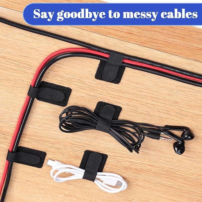 100 Pcs Hook and Loop Cable Ties, Self Adhesive Cable Management Desktop Cable Straps, Adjustable Cord Organizer for Desk Home Office Organization (Black)
